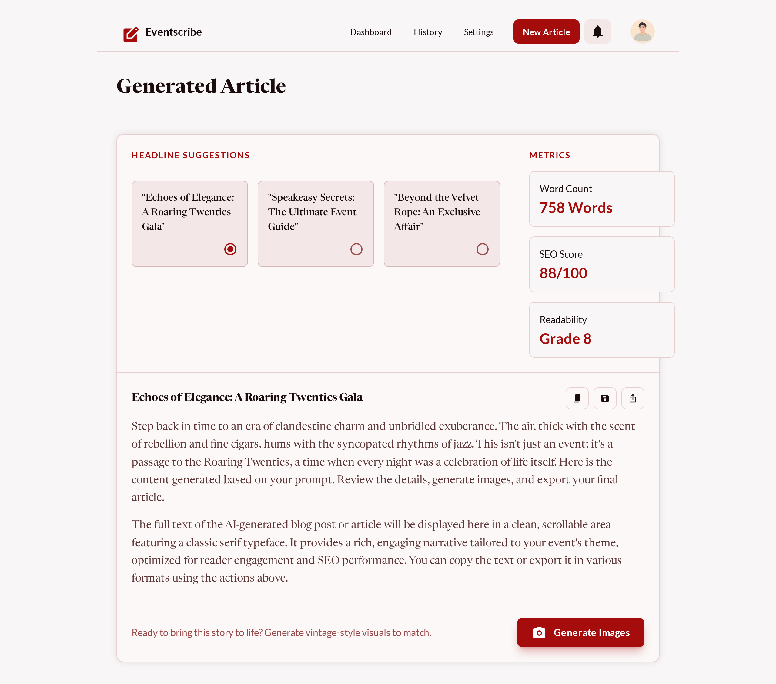 Eventscribe – Vintage AI Blog & Article Generator for Events